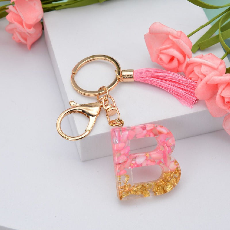 Resin Floral Pink Tassel Monogram Keychain Alphabet Letter A 2
