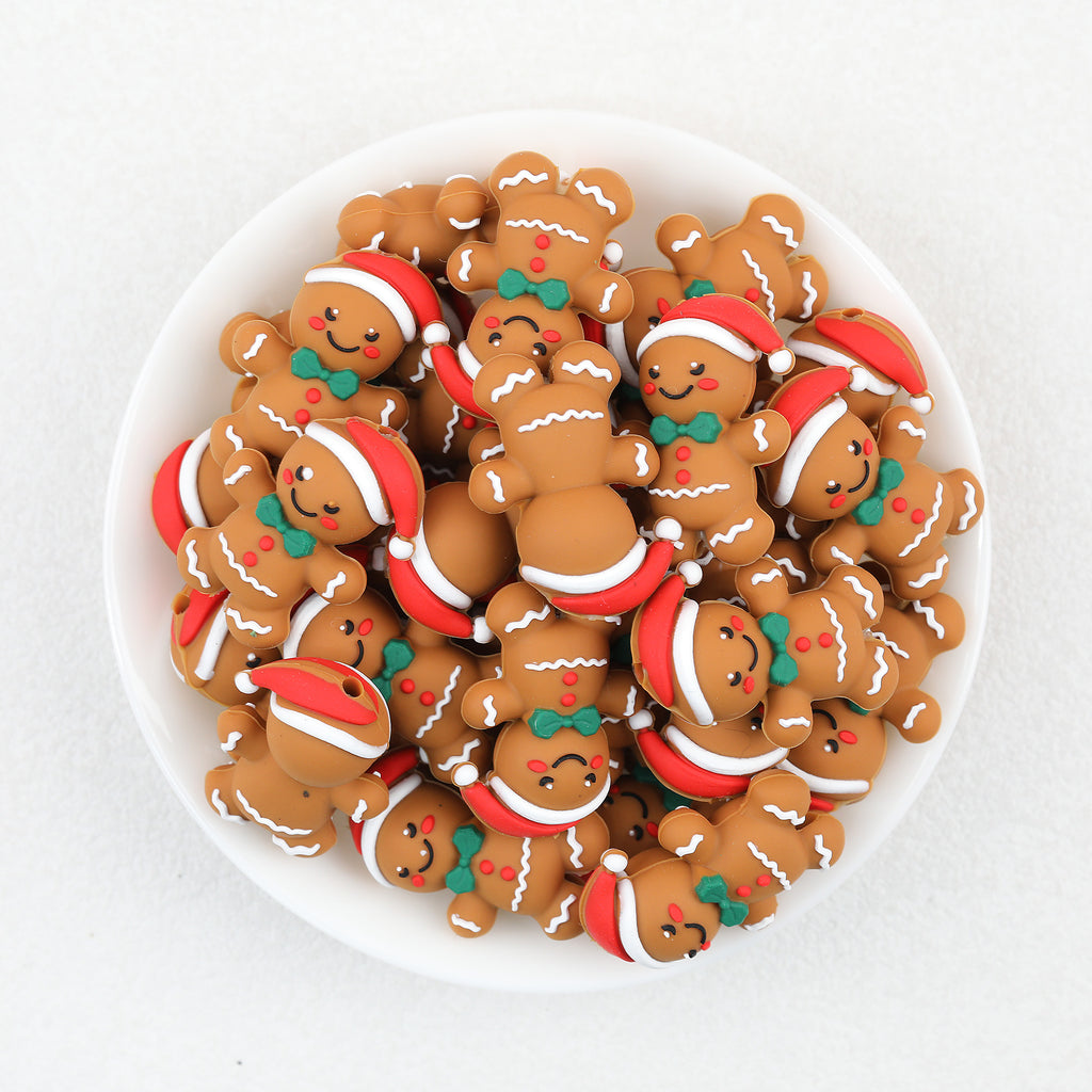 Gingerbread Man 3D Silicone Focal Beads Wholesale, Christmas Cookie Green Bow Design