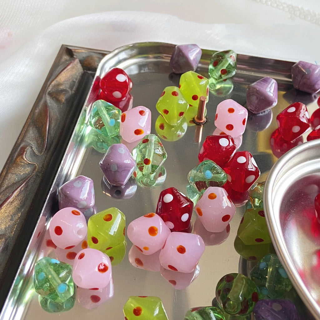 Painted Rhombus Lantern Glass Beads 15-16mm Polka Dot Lampwork 4pcs