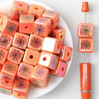 Square Orange Acrylic Beads Wholesale, Electroplated Halloween Spiderweb Design, 15mm