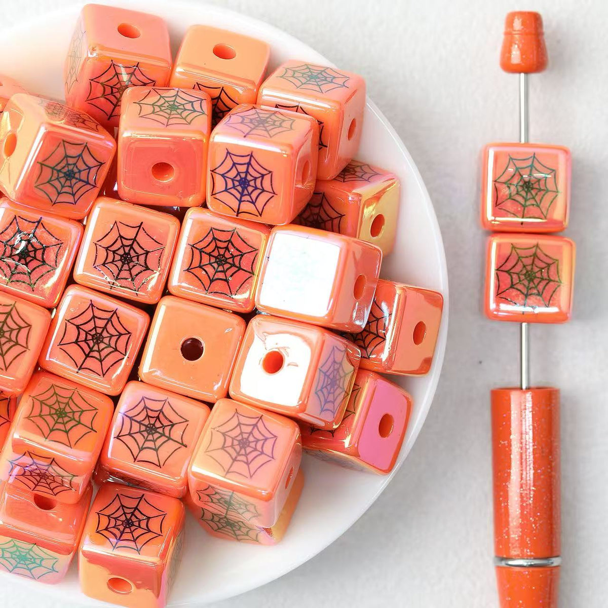 Square Orange Acrylic Beads Wholesale, Electroplated Halloween Spiderweb Design, 15mm