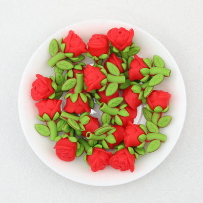 Red Rose 3D Silicone Focal Beads with Green Leaves 20pcs 2