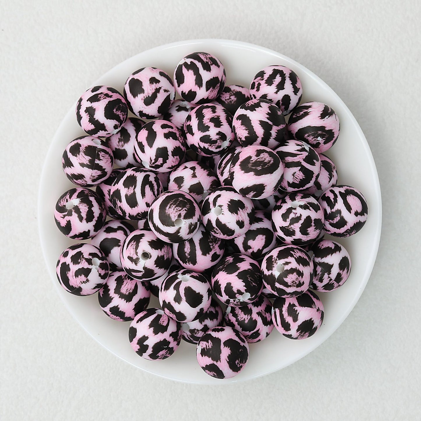 15mm Leopard Pattern Silicone Round Beads 50pcs - Pink Floral Leopard