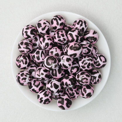 15mm Leopard Pattern Silicone Round Beads 50pcs - Pink Floral Leopard