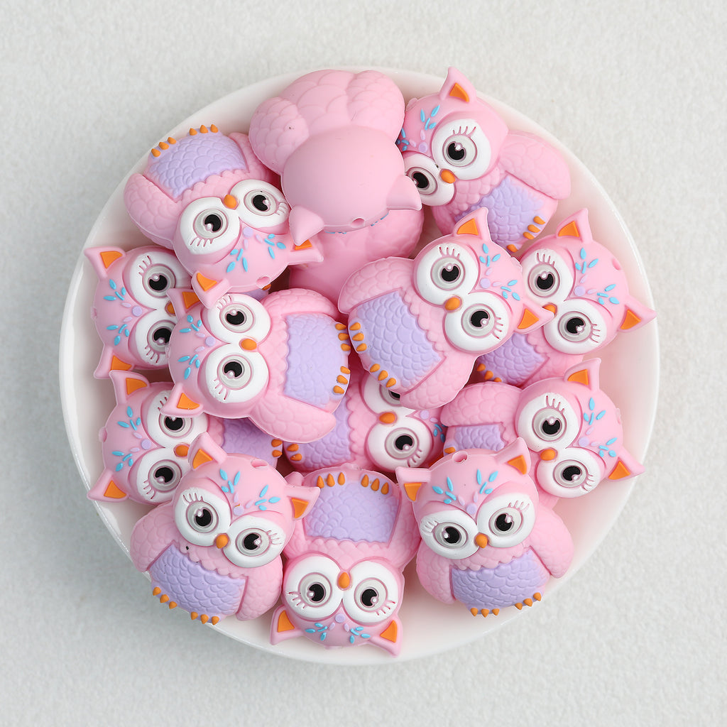  3D Pink Owl Silicone Focal Beads 20Pcs 2