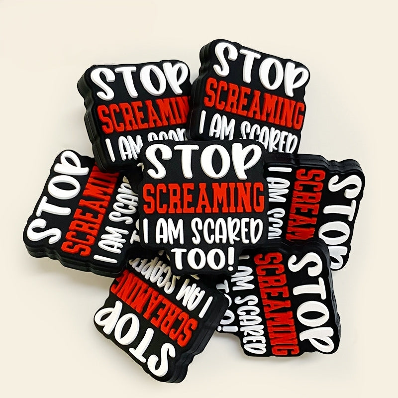 Silicone Focal Beads Stop Screaming Bold Red White Text 20pcs