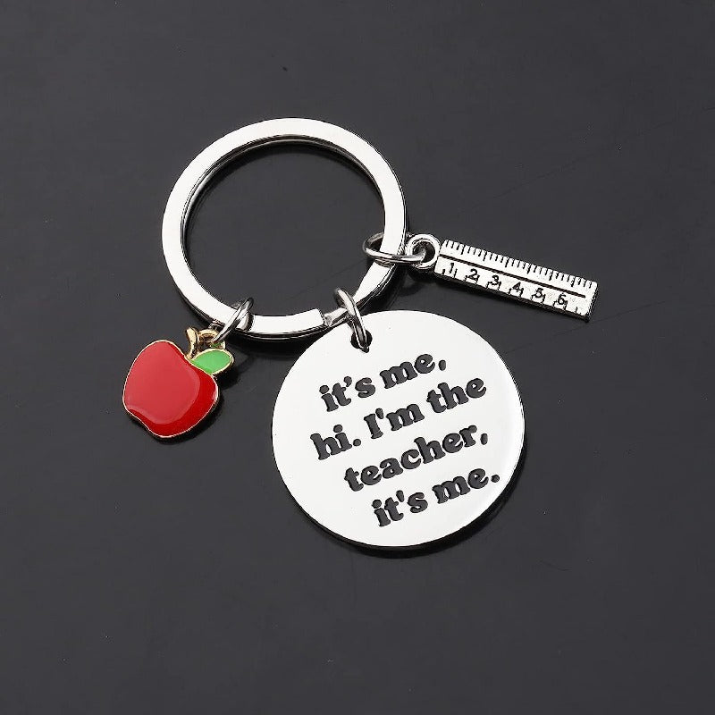 Creative Stainless Steel Teacher Keychain with Red Enamel Apple and Ruler Charm 3