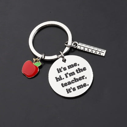 Creative Stainless Steel Teacher Keychain with Red Enamel Apple and Ruler Charm 3