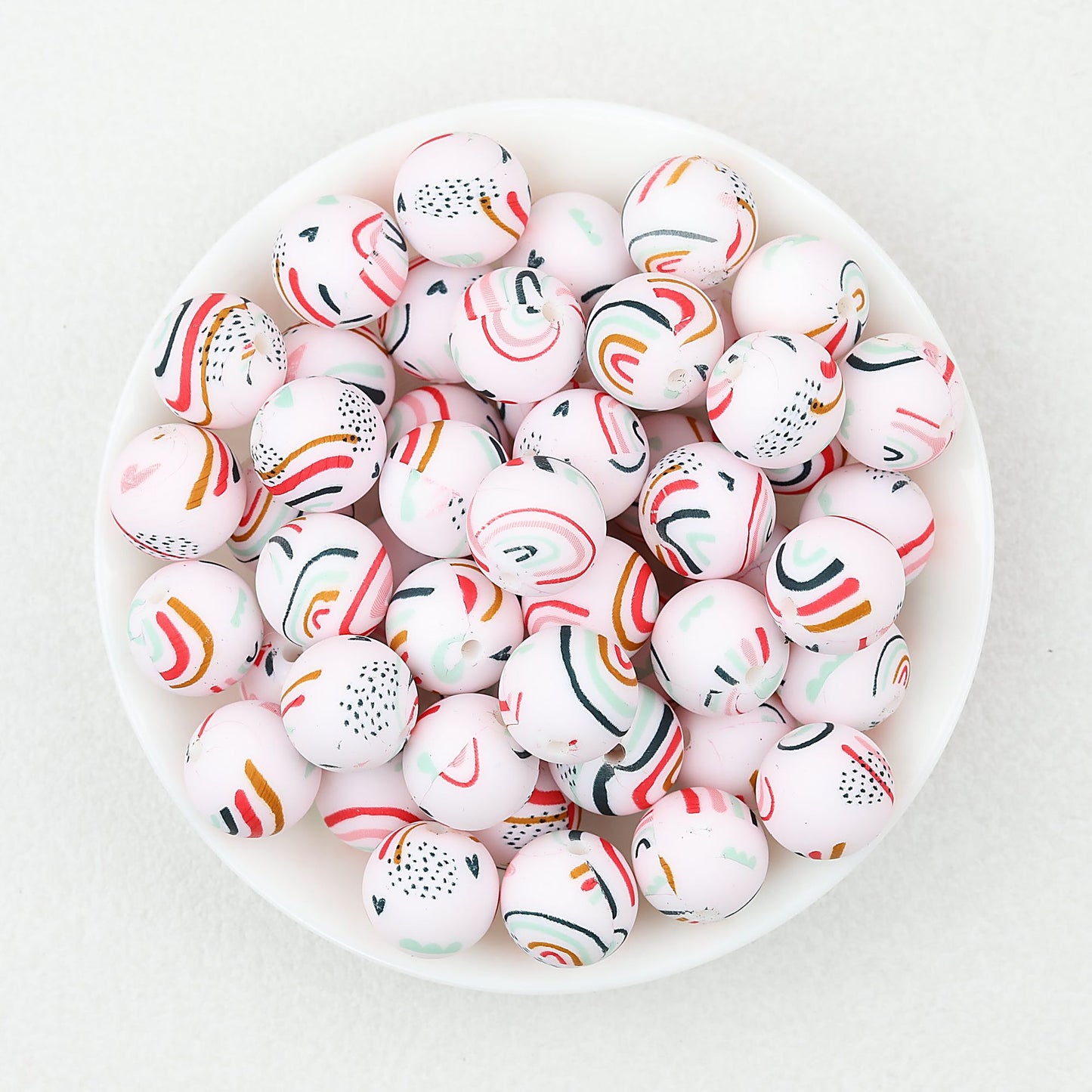 15mm Printed Pattern Silicone Beads Colorful Design 50pcs - Rainbow