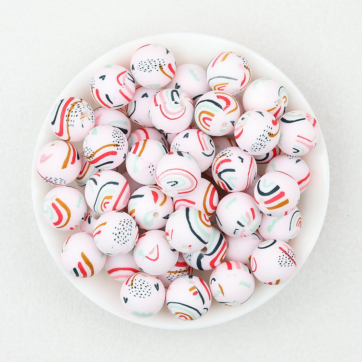15mm Printed Pattern Silicone Beads Colorful Design 50pcs - Rainbow