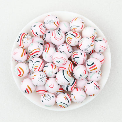 15mm Printed Pattern Silicone Beads Colorful Design 50pcs - Rainbow
