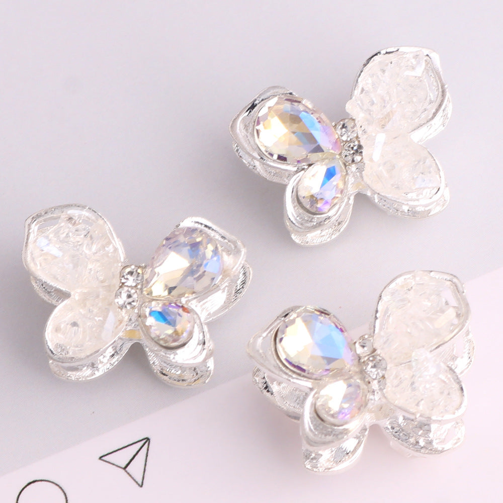 3pcs 20mm Irregular Crystal Rhinestone Butterfly Beads Silver Tone 9