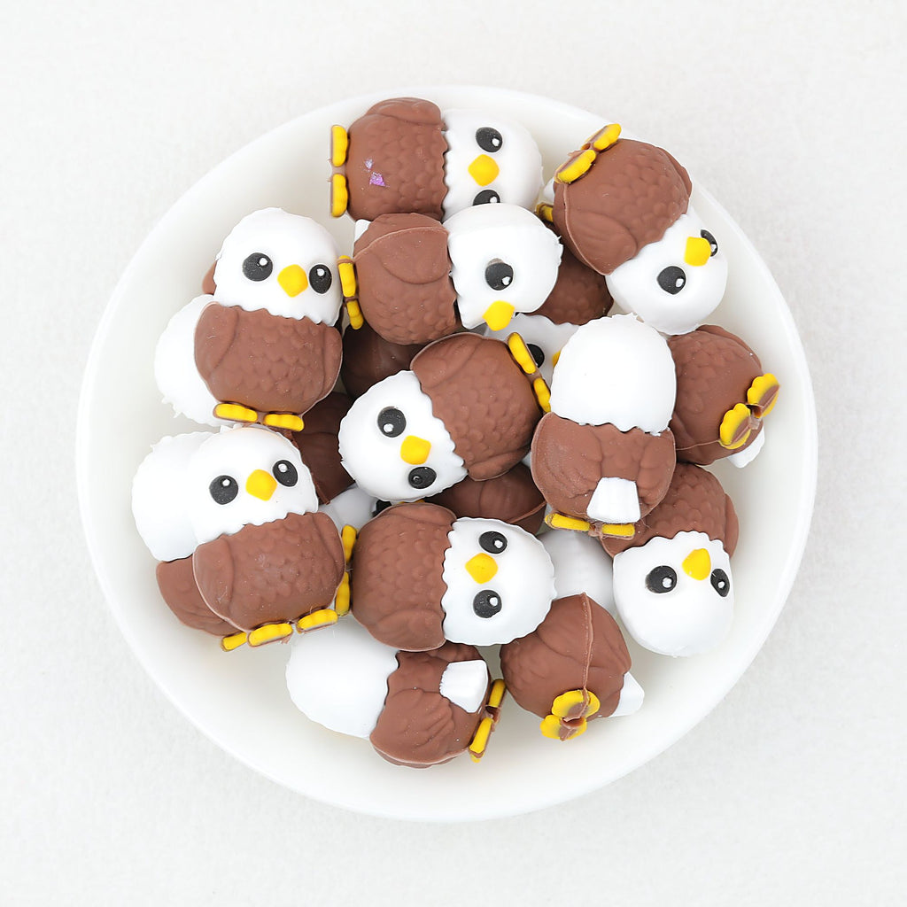 Cute 3D Owl Silicone Focal Beads Brown White Yellow 20pcs