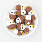 Cute 3D Owl Silicone Focal Beads Brown White Yellow 20pcs