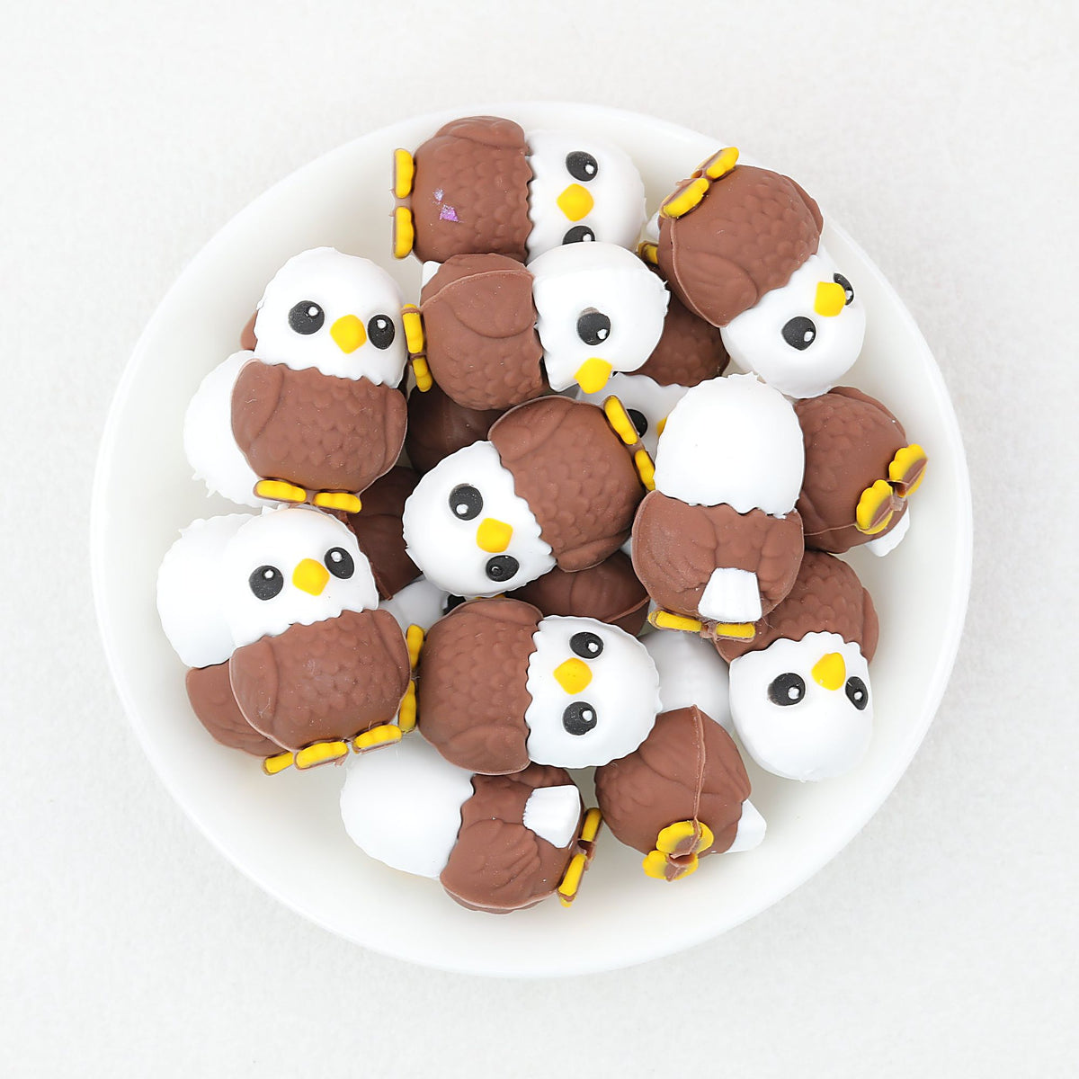 Cute 3D Owl Silicone Focal Beads Brown White Yellow 20pcs