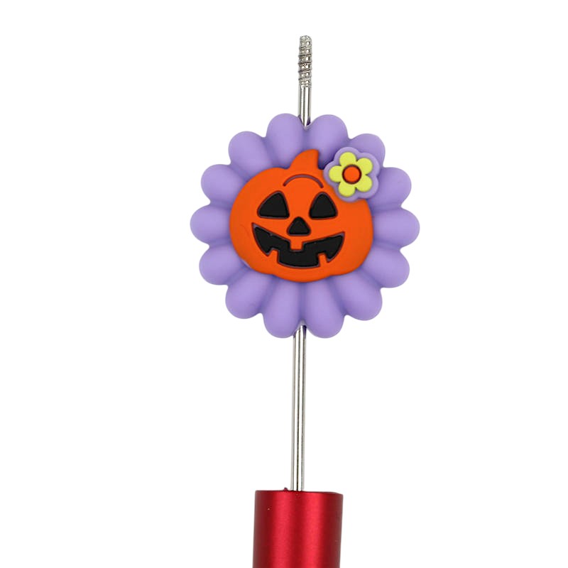 Silicone 3D Focal Beads Halloween Pumpkin With Purple Flower 20pcs 2
