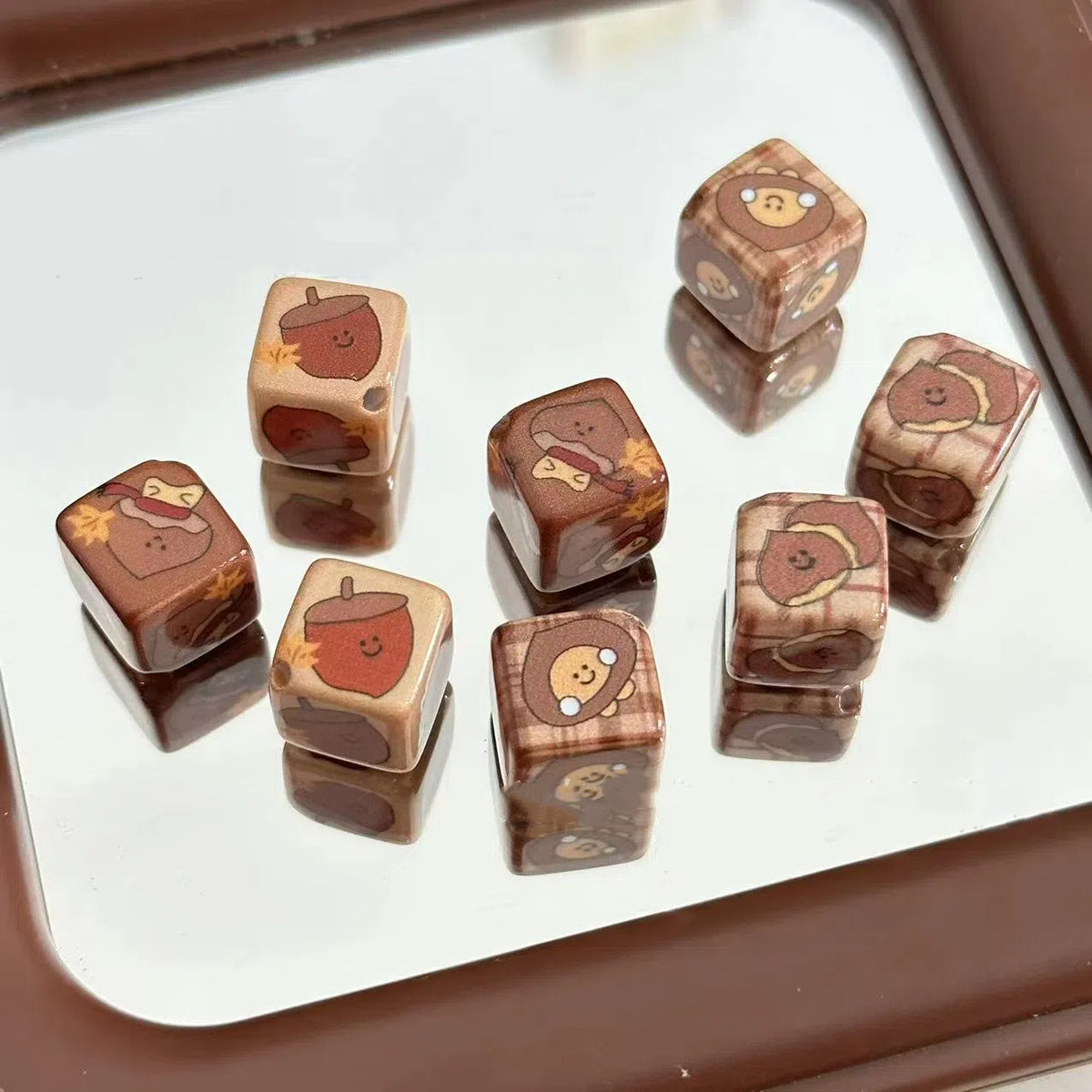 Square Acrylic Beads 12mm Coffee Colored Chestnut Pattern Diagonal Hole 10pcs