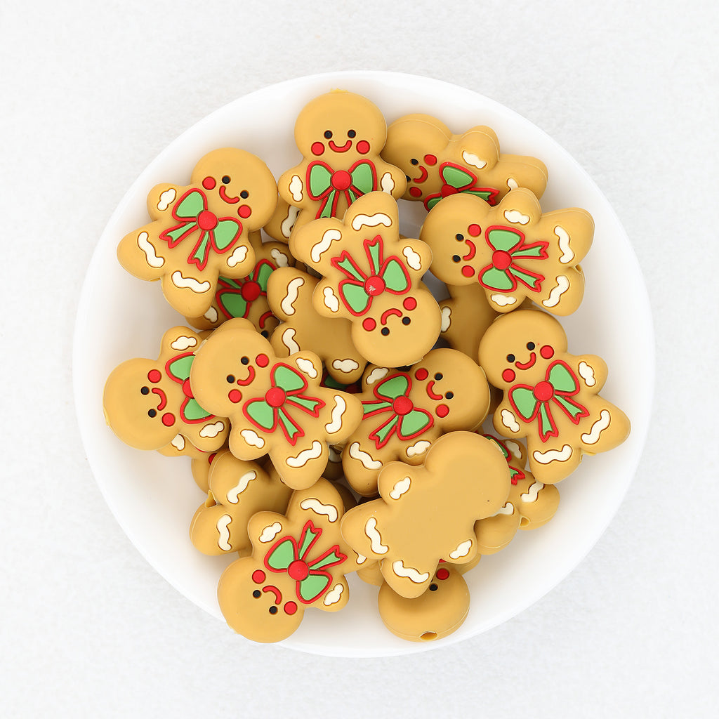 Smiling Gingerbread Silicone Focal Beads Wholesale, Christmas Bow Red Green Accents