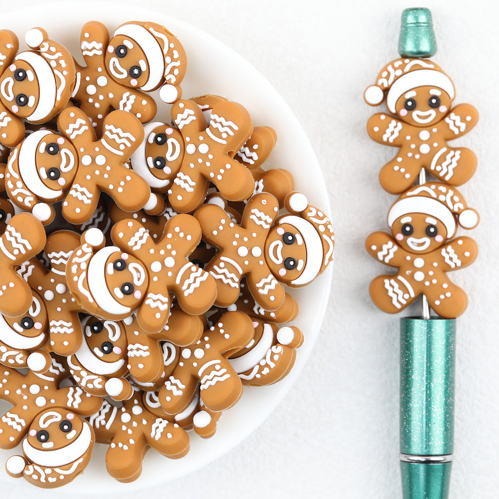 3D Gingerbread Santa Hat Silicone Focal Beads Wholesale, Christmas Brown White Character Design