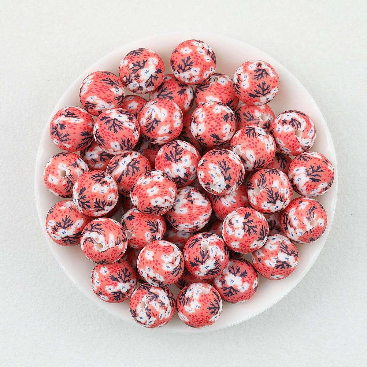 15mm Floral Pattern Print Round Silicone Beads Dark Base 50pcs - Red Berry