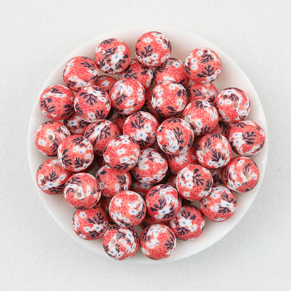 15mm Floral Pattern Print Round Silicone Beads Dark Base 50pcs - Red Berry