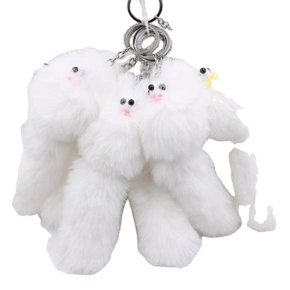 Plush Fox Keychain Soft White Faux Fur Curly Tail Animal Charm