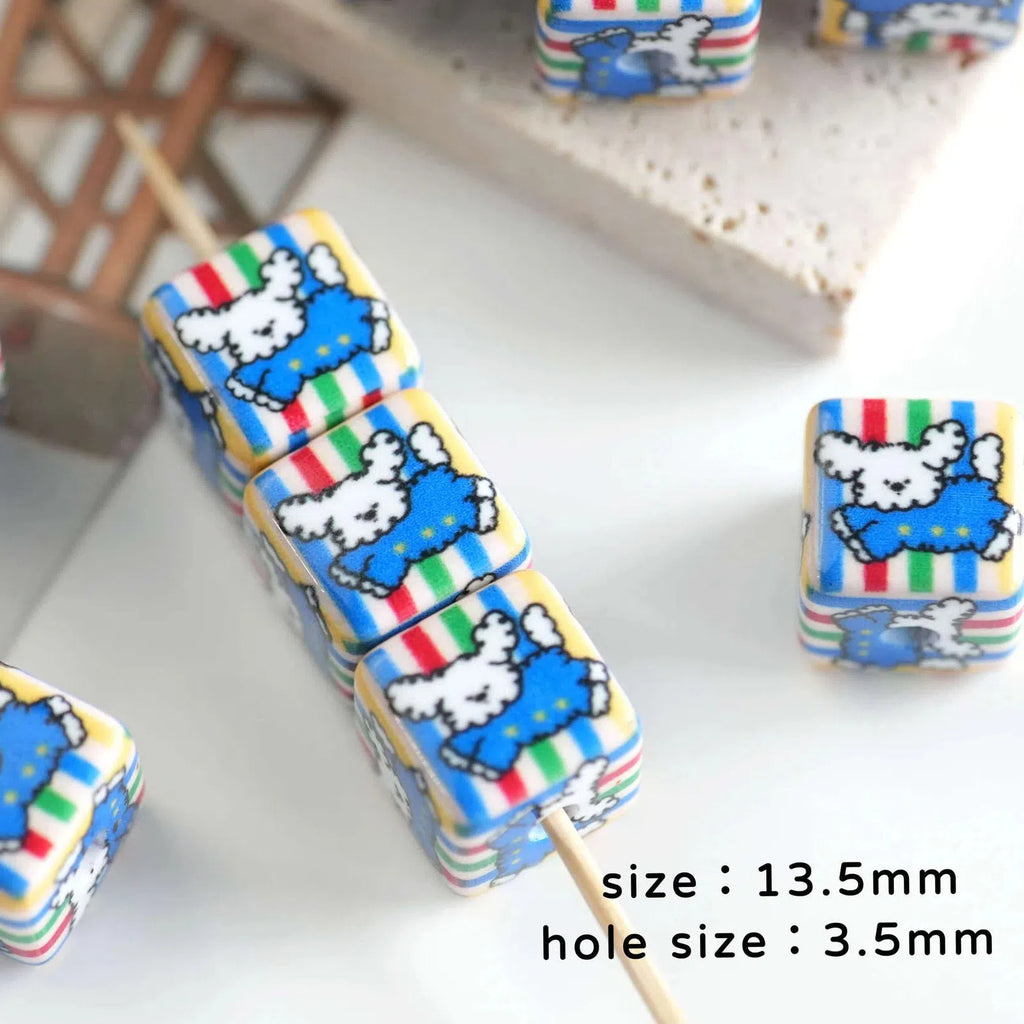 Square Acrylic Beads 13.5mm Cheerful Puppy Printed 10pcs 3