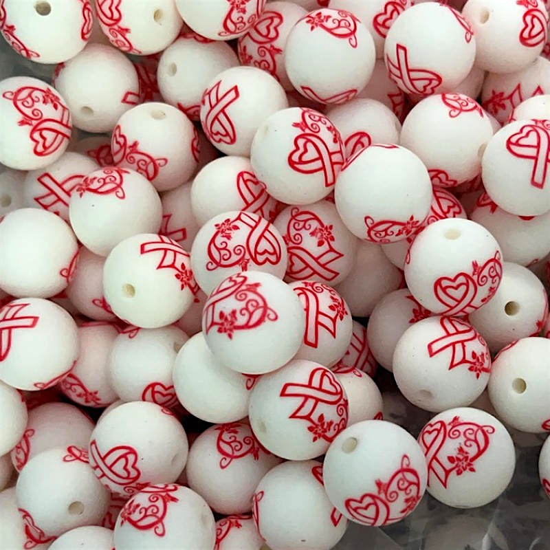 15mm Silicone Beads Red Heart Ribbon Print 50pcs
