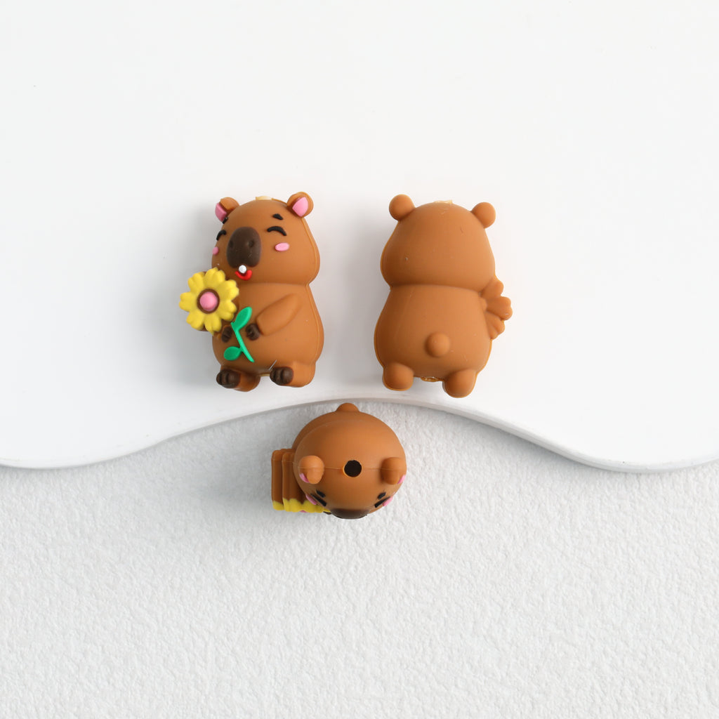 Cute Capybara with Sunflower Silicone Focal Beads 20pcs 2