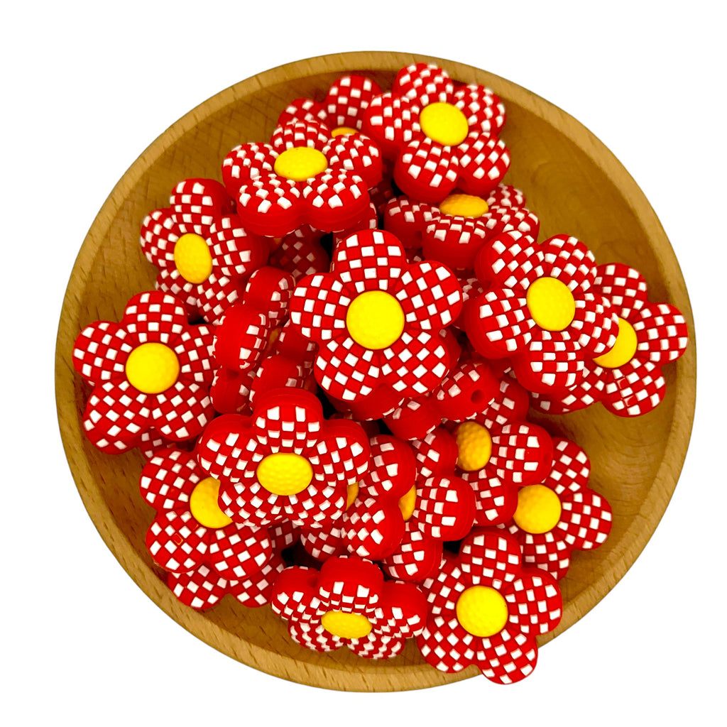 Silicone Focal Beads Plaid Floral Red Center Yellow Gingham 20pcs 3