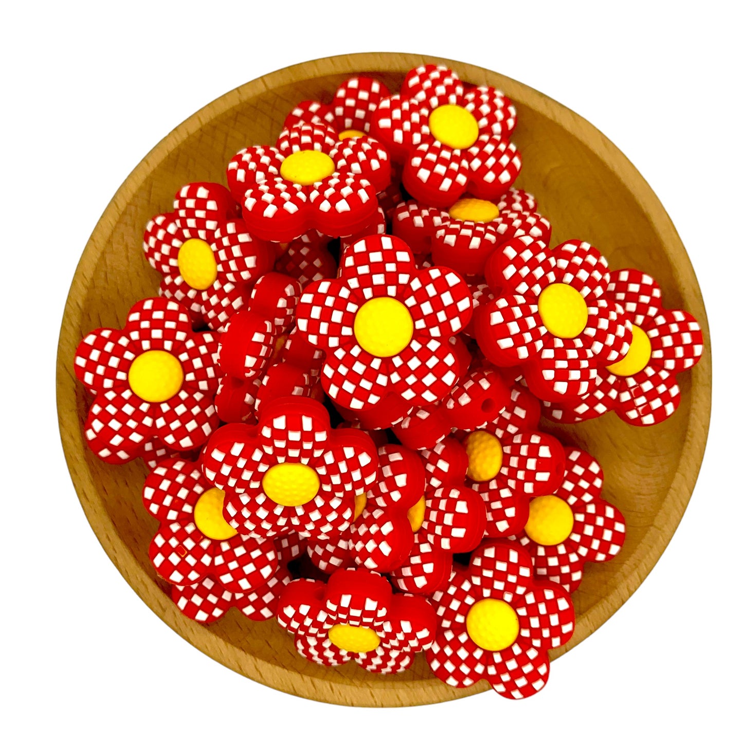 Silicone Focal Beads Plaid Floral Red Center Yellow Gingham 20pcs 3