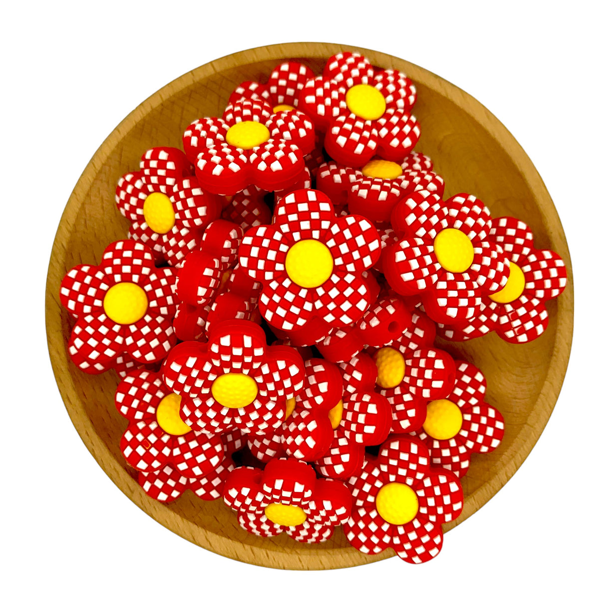 Silicone Focal Beads Plaid Floral Red Center Yellow Gingham 20pcs 3