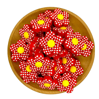 Silicone Focal Beads Plaid Floral Red Center Yellow Gingham 20pcs 3