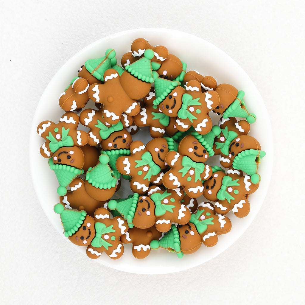 3D Gingerbread Silicone Focal Beads Wholesale, Green Knit Hat Christmas Design
