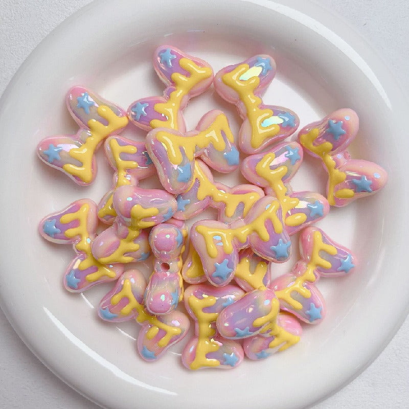 Hand-Painted Bow Heart Acrylic Beads 21×29mm Glossy Pastel 5pcs 3