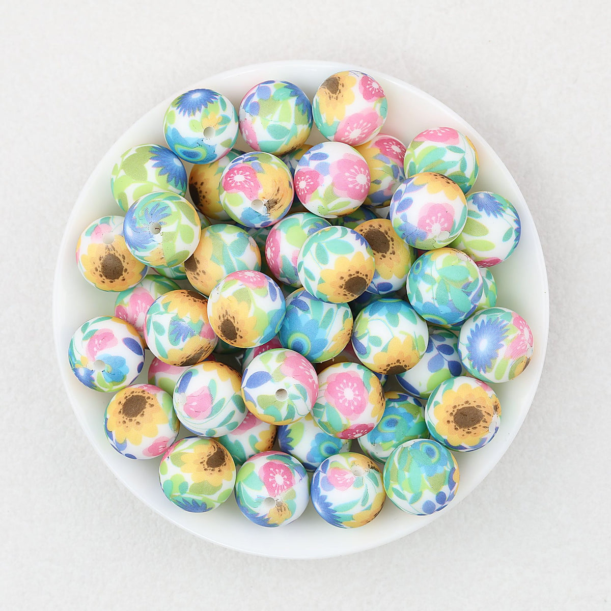 15mm Floral Pattern Silicone Beads Pastel Print 50pcs - Evening Mist Flower