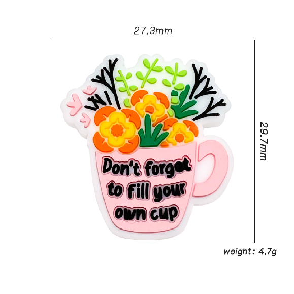 Silicone Focal Beads Pink Flower Cup Don Forget Text 20pcs