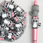 3D Animal Silicone Focal Beads Wholesale, Pink Bow Raccoon Design