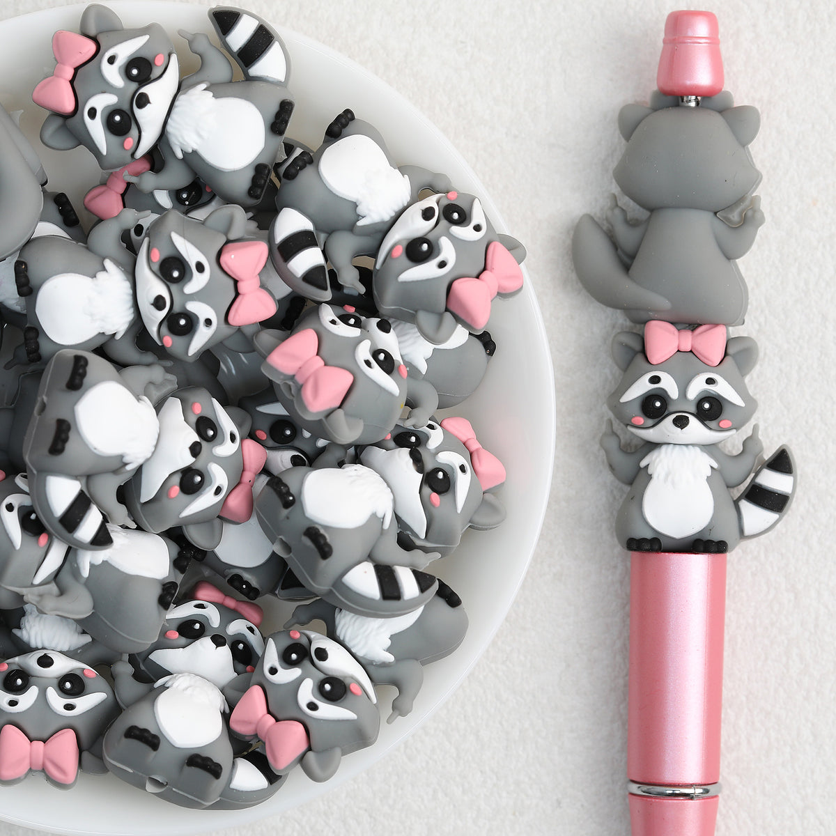 3D Animal Silicone Focal Beads Wholesale, Pink Bow Raccoon Design