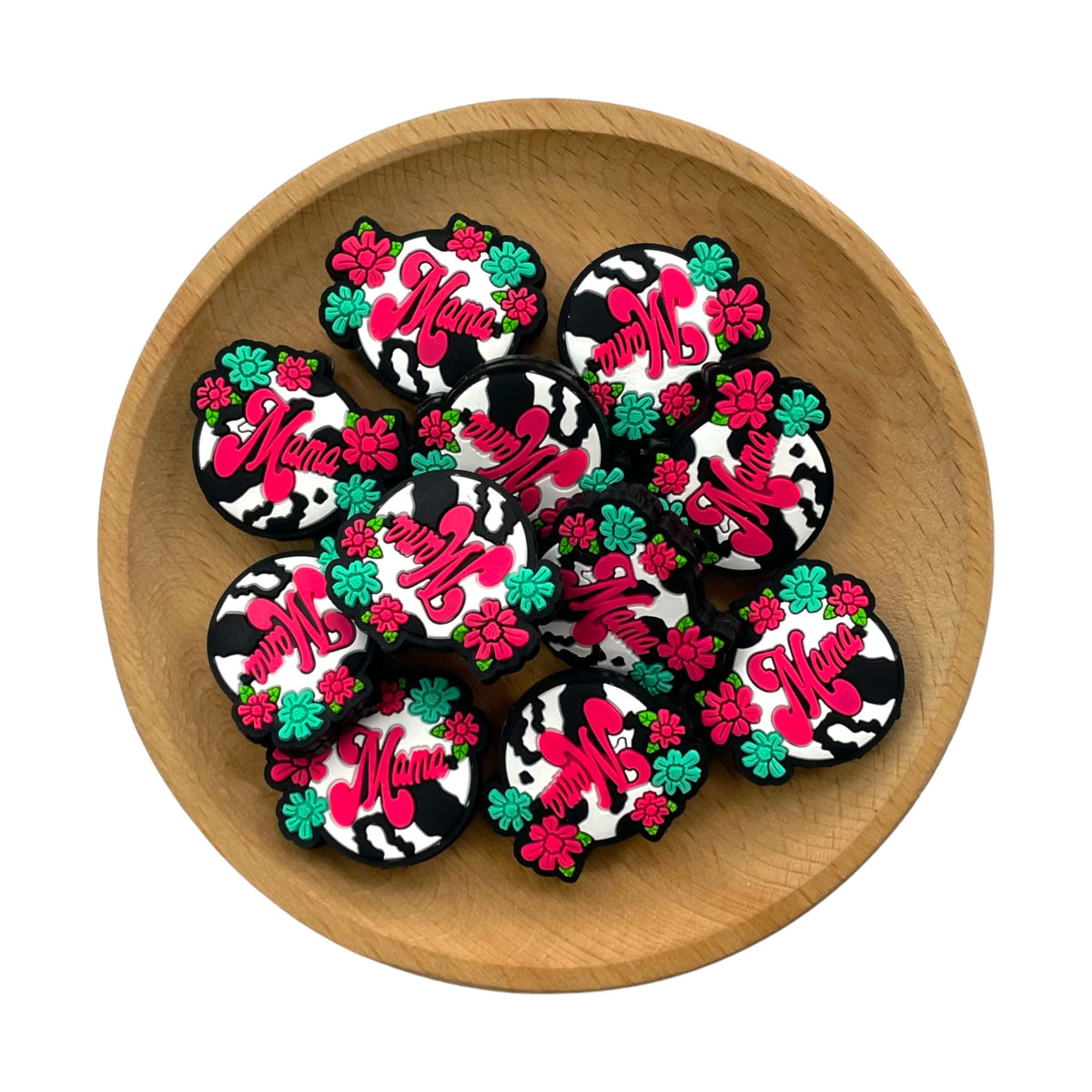 Silicone Focal Beads Mama Cow Print Hot Pink Script 20pcs 2