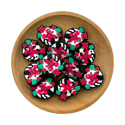 Silicone Focal Beads Mama Cow Print Hot Pink Script 20pcs 2