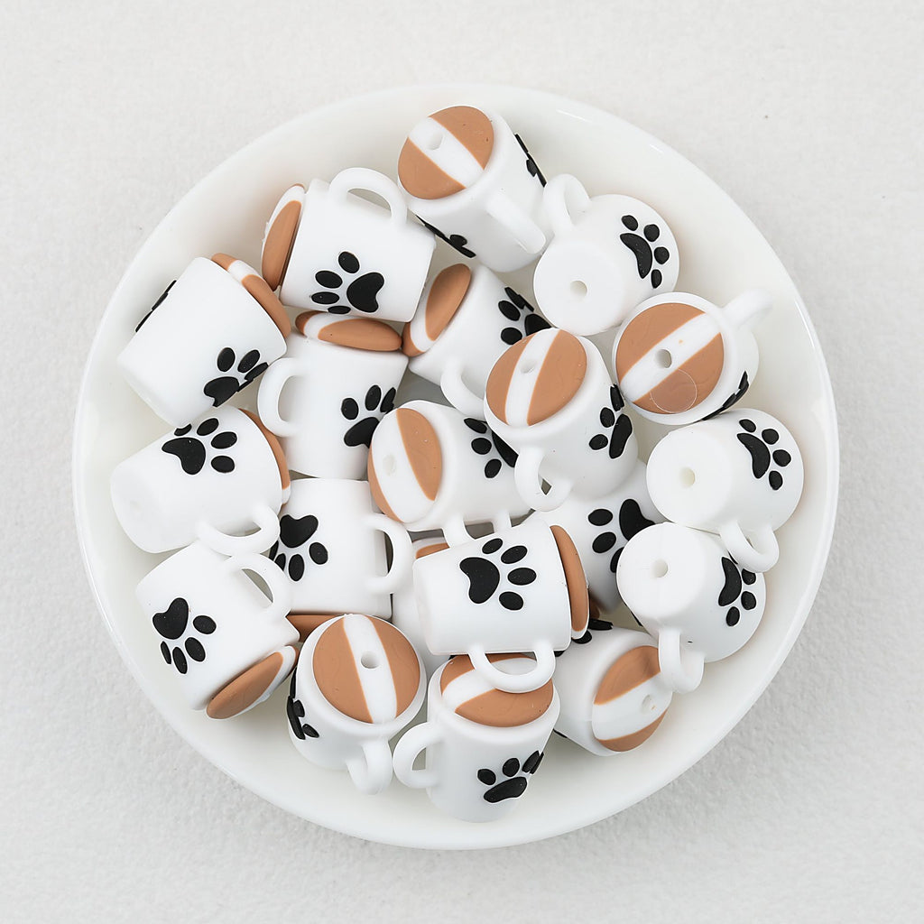 3D Dog Paw and Coffee Cup White Brown Silicone Focal Beads 20pcs
