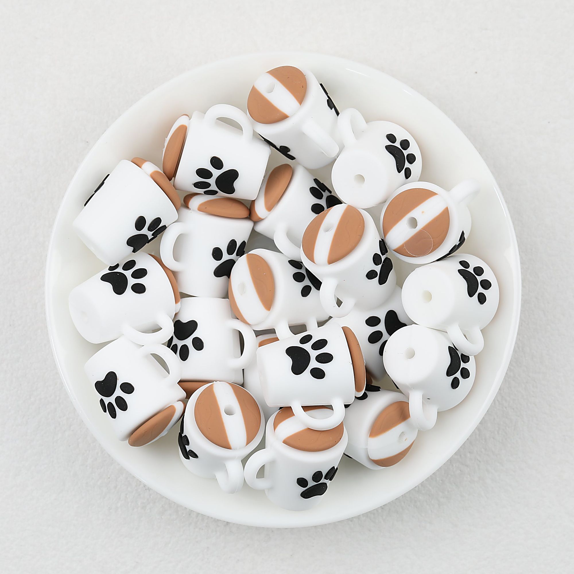 3D Dog Paw and Coffee Cup White Brown Silicone Focal Beads 20pcs