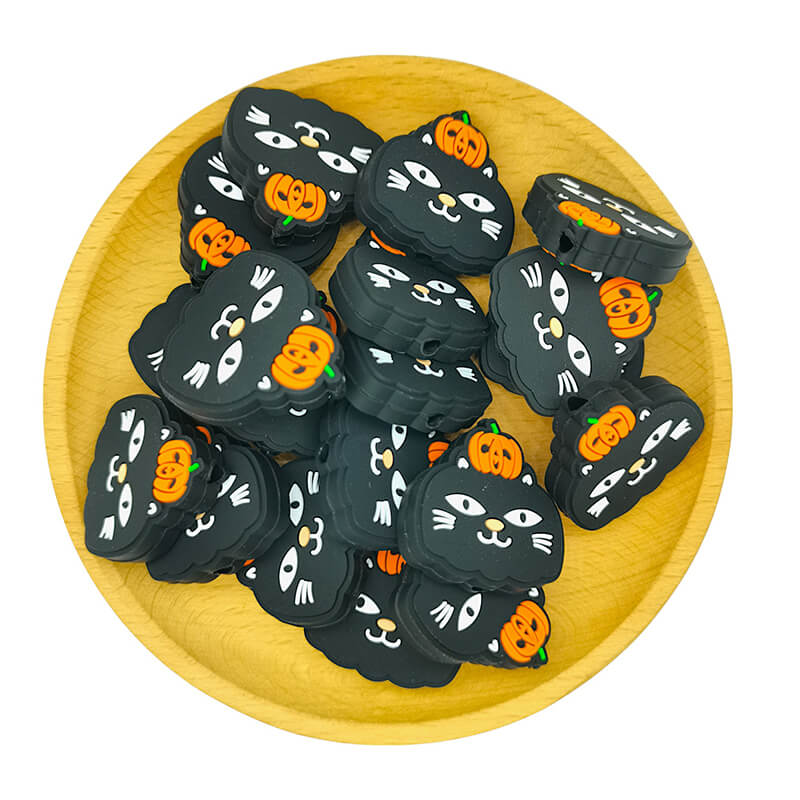 Silicone Focal Beads Halloween Black Cat Pumpkin Smiling Face 2