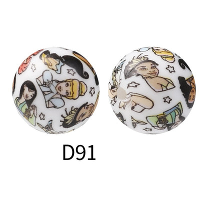 50Pcs 15mm Colored pattern printed silicone beads 93