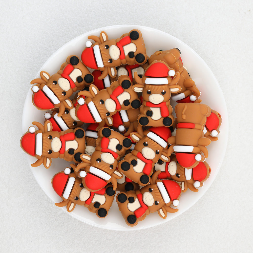 Brown Santa Hat 3D Silicone Focal Beads Wholesale, Christmas Reindeer Design