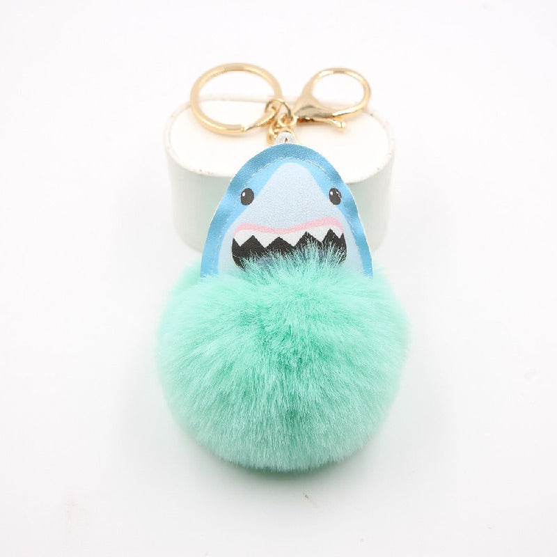 Plush Shark Keychain Blue Leather Face Fluffy Pom Pom Belly 8