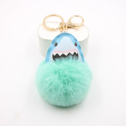 Plush Shark Keychain Blue Leather Face Fluffy Pom Pom Belly 8