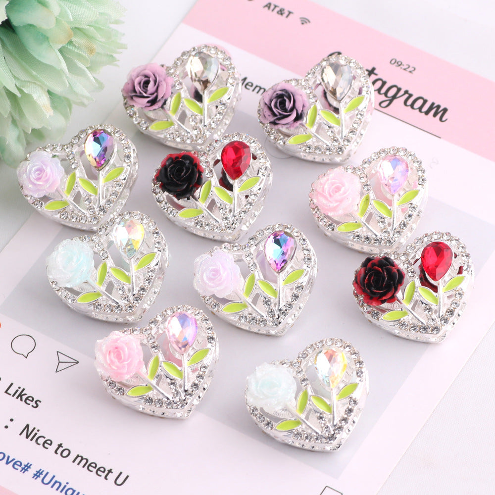 Fancy Heart Shaped Rose Rhinestone Alloy Beads 20mm 3pcs