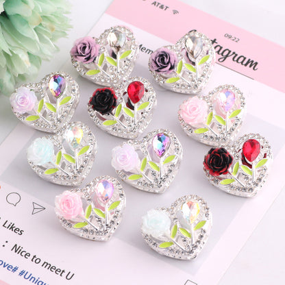 Fancy Heart Shaped Rose Rhinestone Alloy Beads 20mm 3pcs